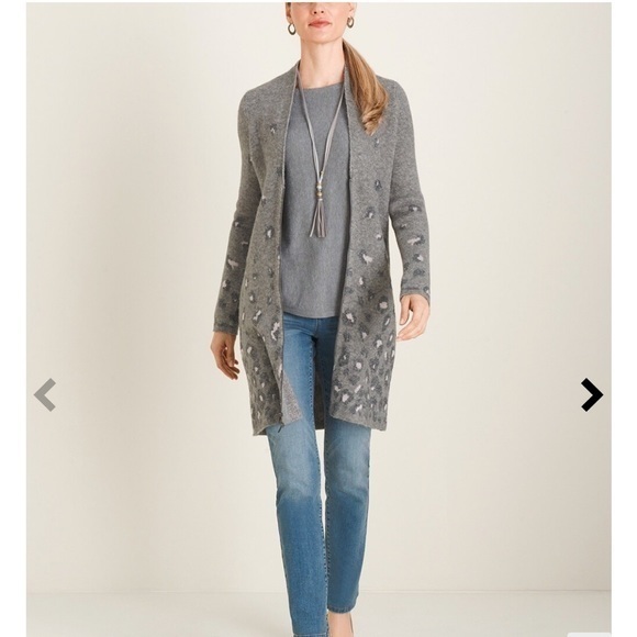 Chico’s Gray Animal-Print Embellished Full Zip Jacquard Cardigan Large PETITE - Picture 1 of 11